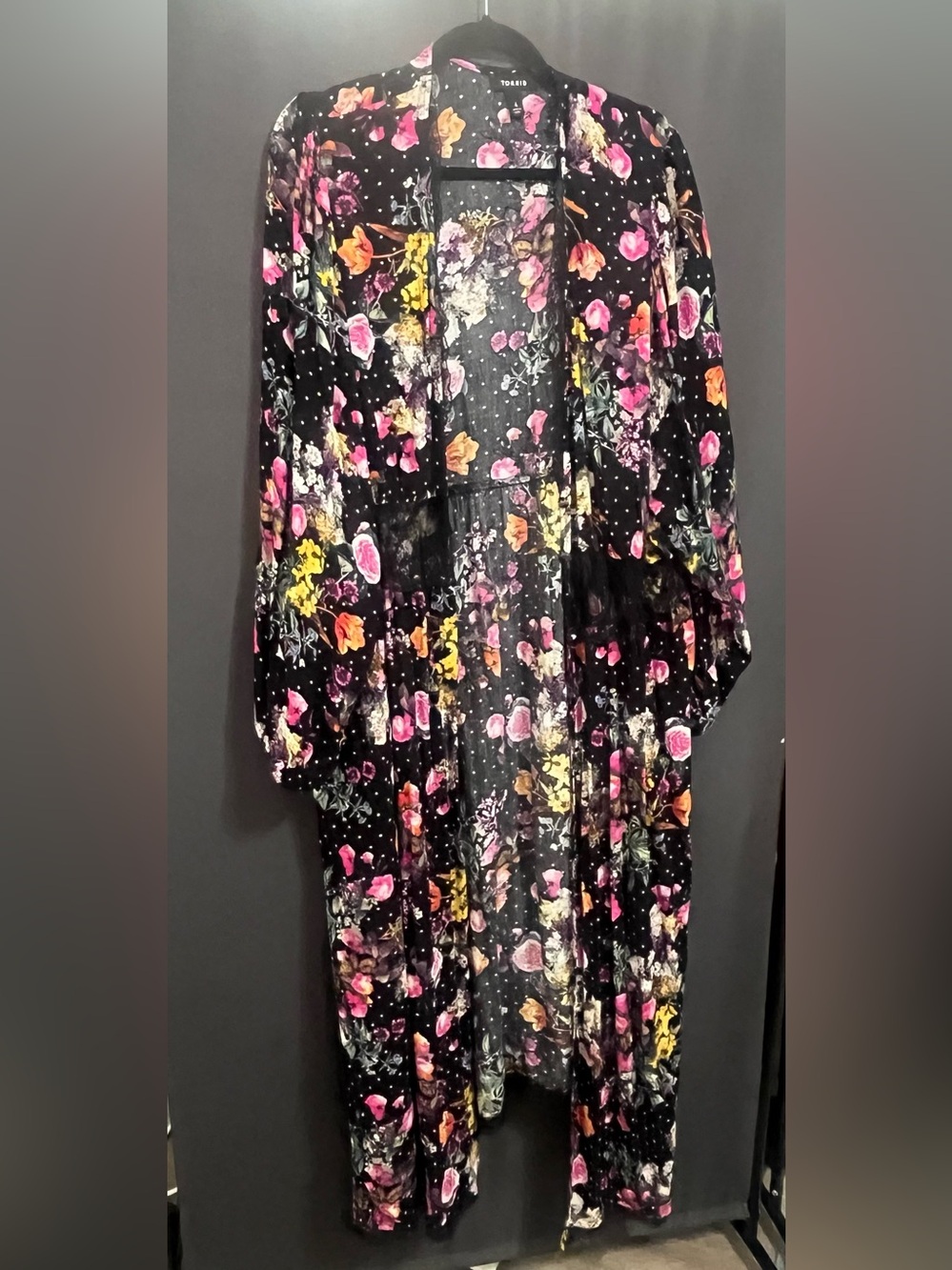 Torrid Crepe Lace Trim Black Floral Open-Front Kimono with Pink & Yellow Accents